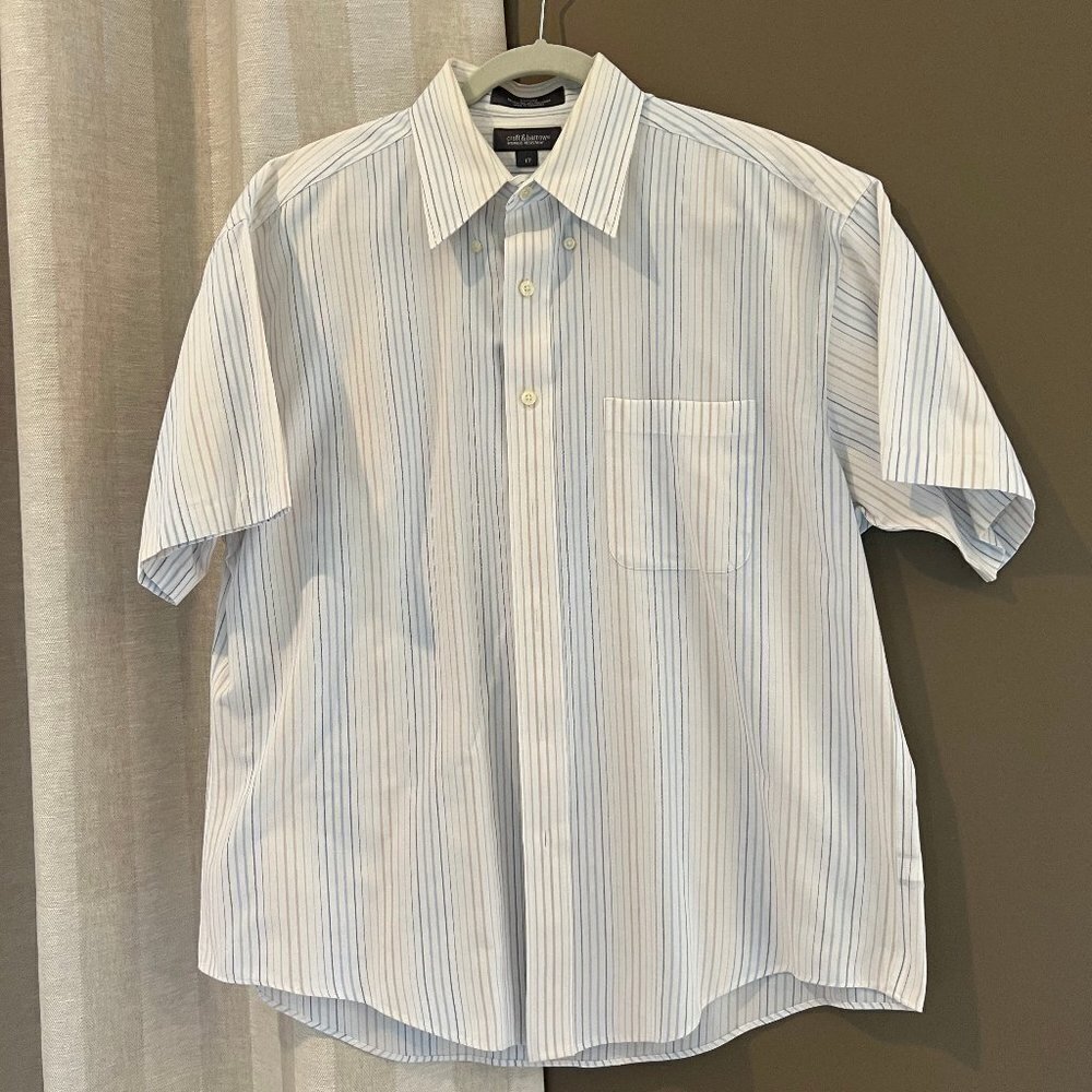 Croft & Barrow Men's Blue and Tan Striped Oxford button down shirt, Neck 17
